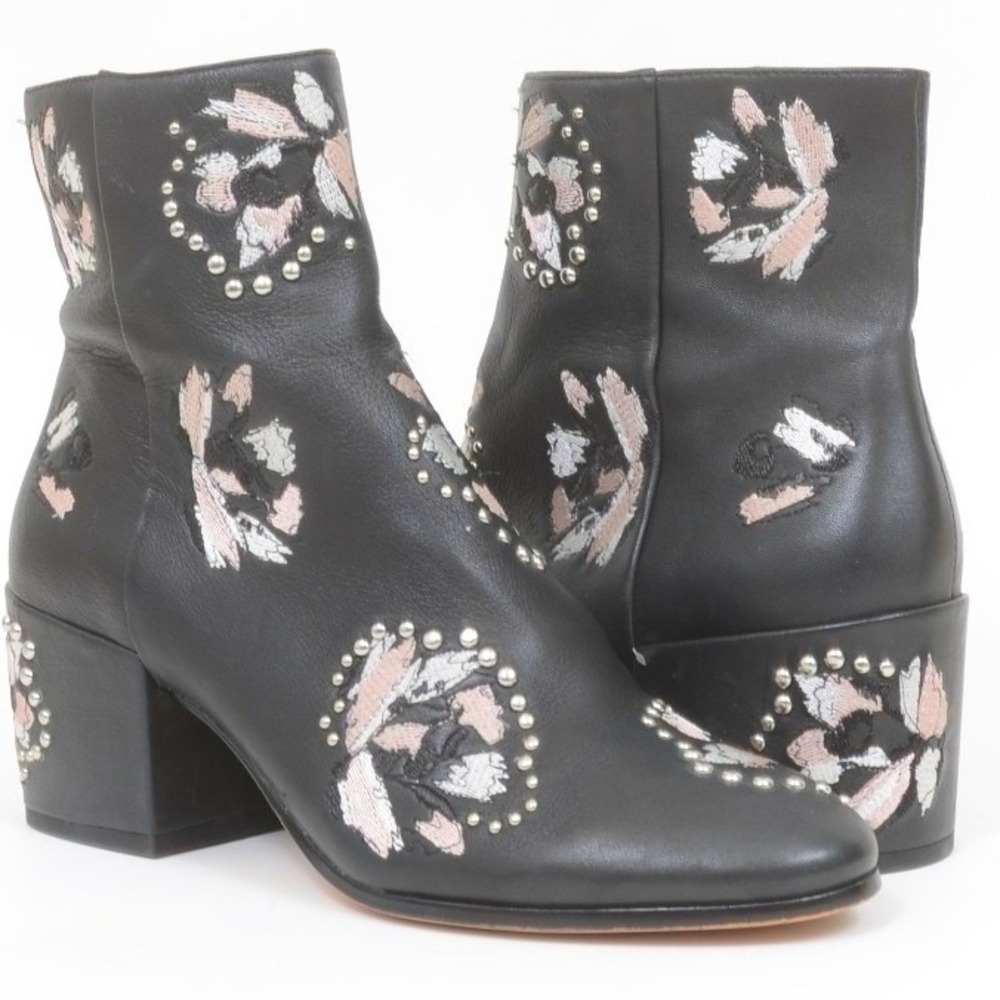 Dolce Vita Mollie 7.5 Black Leather Floral Embroidered Ankle Boots Booties